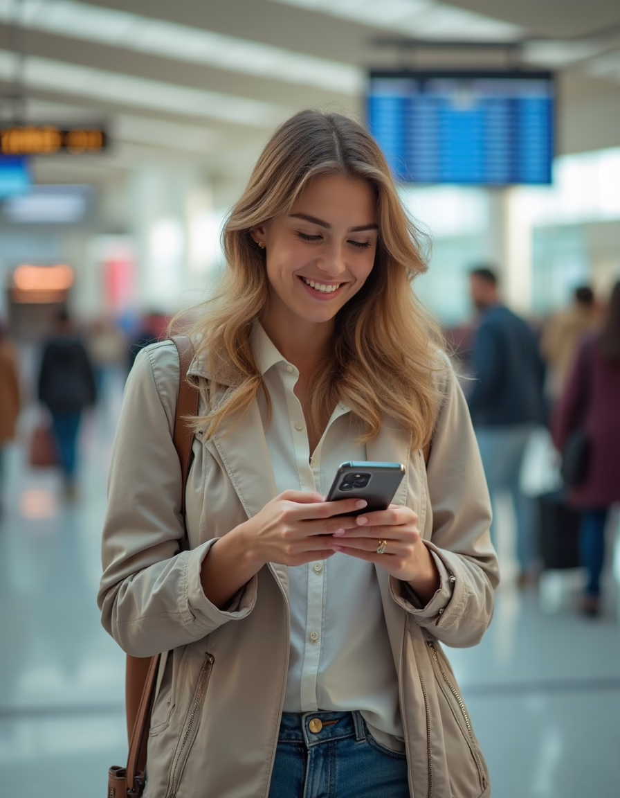 A woman with long hair smiles while using a smartphone at an airport terminal.