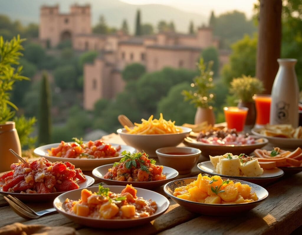 Best Tapas in Granada, An assortment of various dishes arranged on a table with a scenic background.