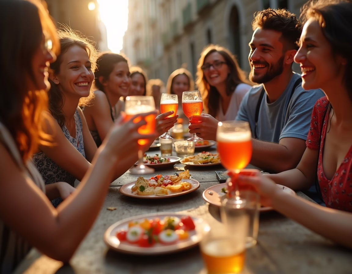 A group of friends raising glasses filled with drinks while seated at a table with food.