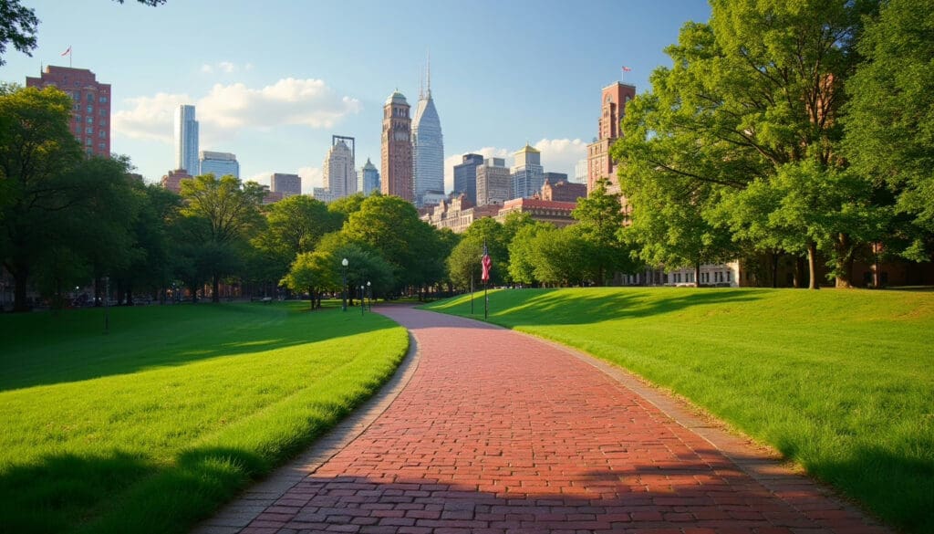 Self-Guided Tour Freedom Trail, Pathway through a green park leading to a city skyline with tall buildings and trees.