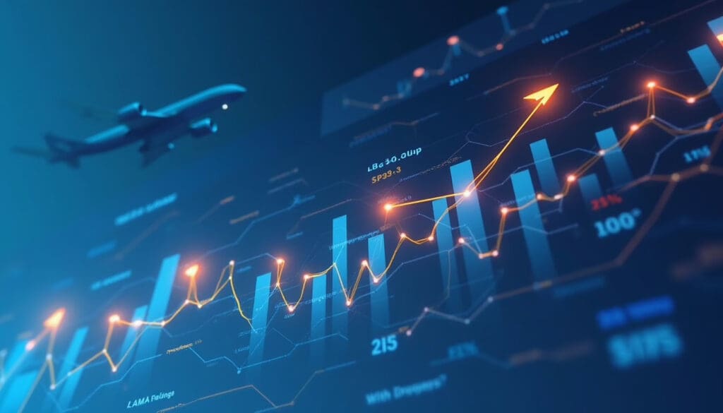 Price Alerts for Flights,, An airplane flying above a digital financial graph with upward trends and data points.