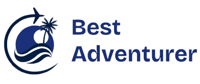 Logo for Best Adventurer featuring a circular design with a plane, an island with a palm tree and waves, and the brand name in bold blue text on a white background.